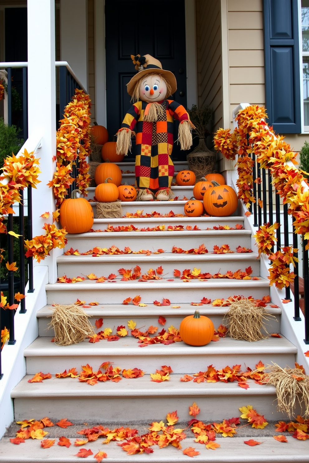 A whimsical staircase adorned with scarecrow decorations for Halloween. The steps are lined with small hay bales and colorful fall leaves, creating a festive atmosphere. At the top of the staircase, a large scarecrow stands cheerfully, wearing a patchwork outfit and a straw hat. Surrounding it are pumpkins of various sizes, some carved with playful faces, adding to the Halloween charm.