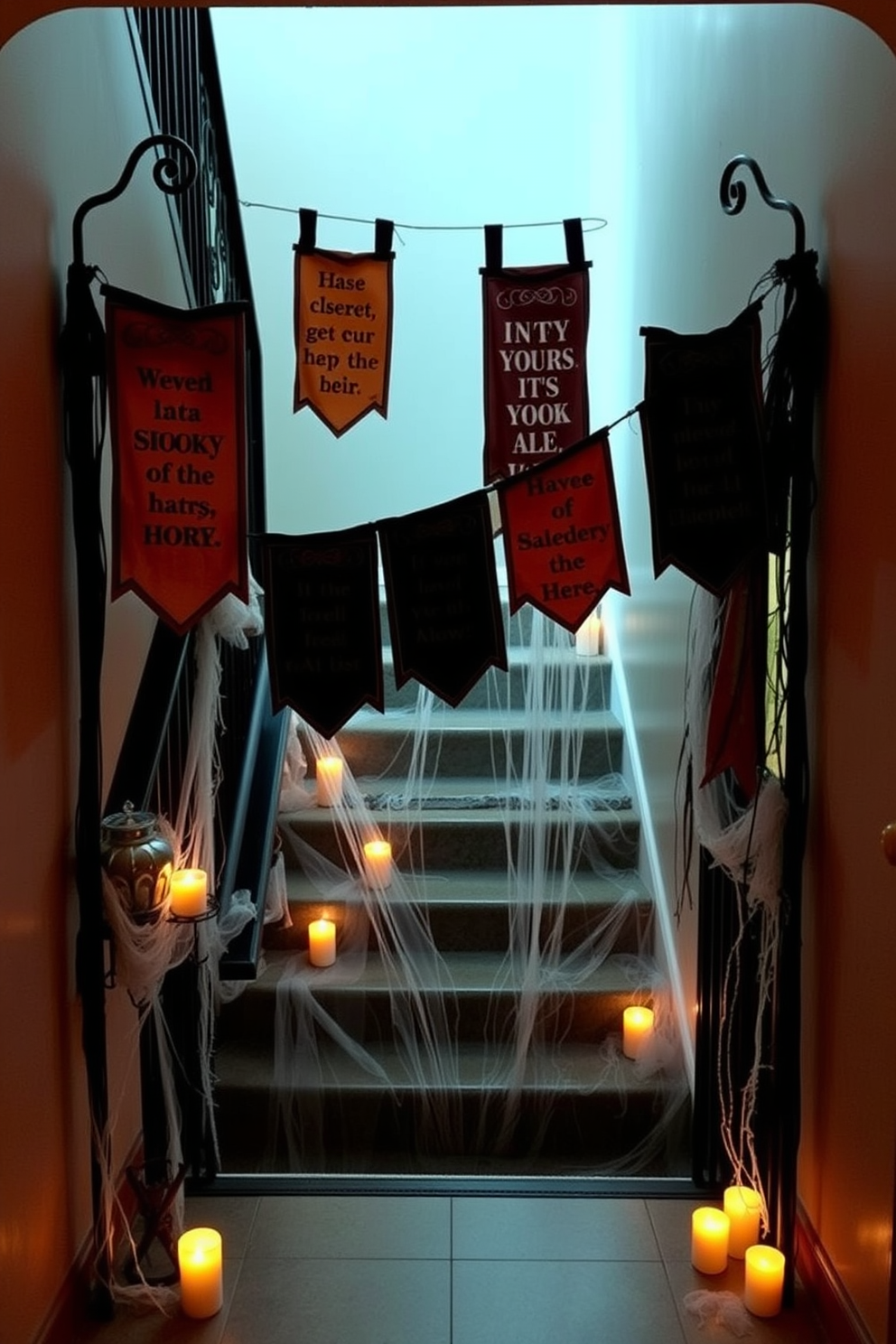 Spooky quotes hang from decorative banners that drape elegantly down the staircase. The staircase is adorned with cobwebs and flickering candle lights, creating an eerie yet inviting atmosphere.