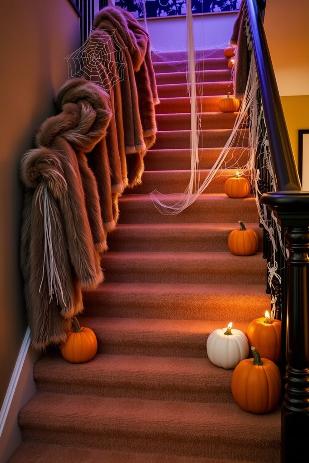 A cozy Halloween staircase adorned with faux fur throws draped over the banister creates a warm and inviting atmosphere. Soft, muted lighting illuminates the staircase, highlighting the rich textures of the faux fur and the seasonal decorations. Pumpkins of various sizes are strategically placed along the steps, adding a festive touch to the decor. Delicate spiderwebs made from sheer fabric are artfully arranged, enhancing the Halloween theme while maintaining an elegant aesthetic.