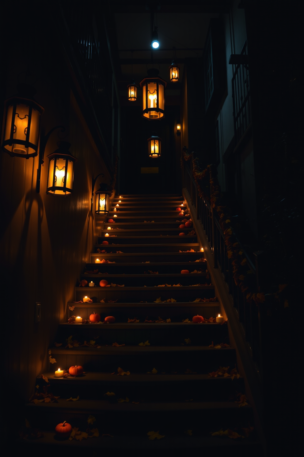 A hauntingly beautiful staircase adorned with hanging lanterns casting eerie shadows. The steps are lined with autumn leaves and small pumpkins, creating a festive yet spooky atmosphere.