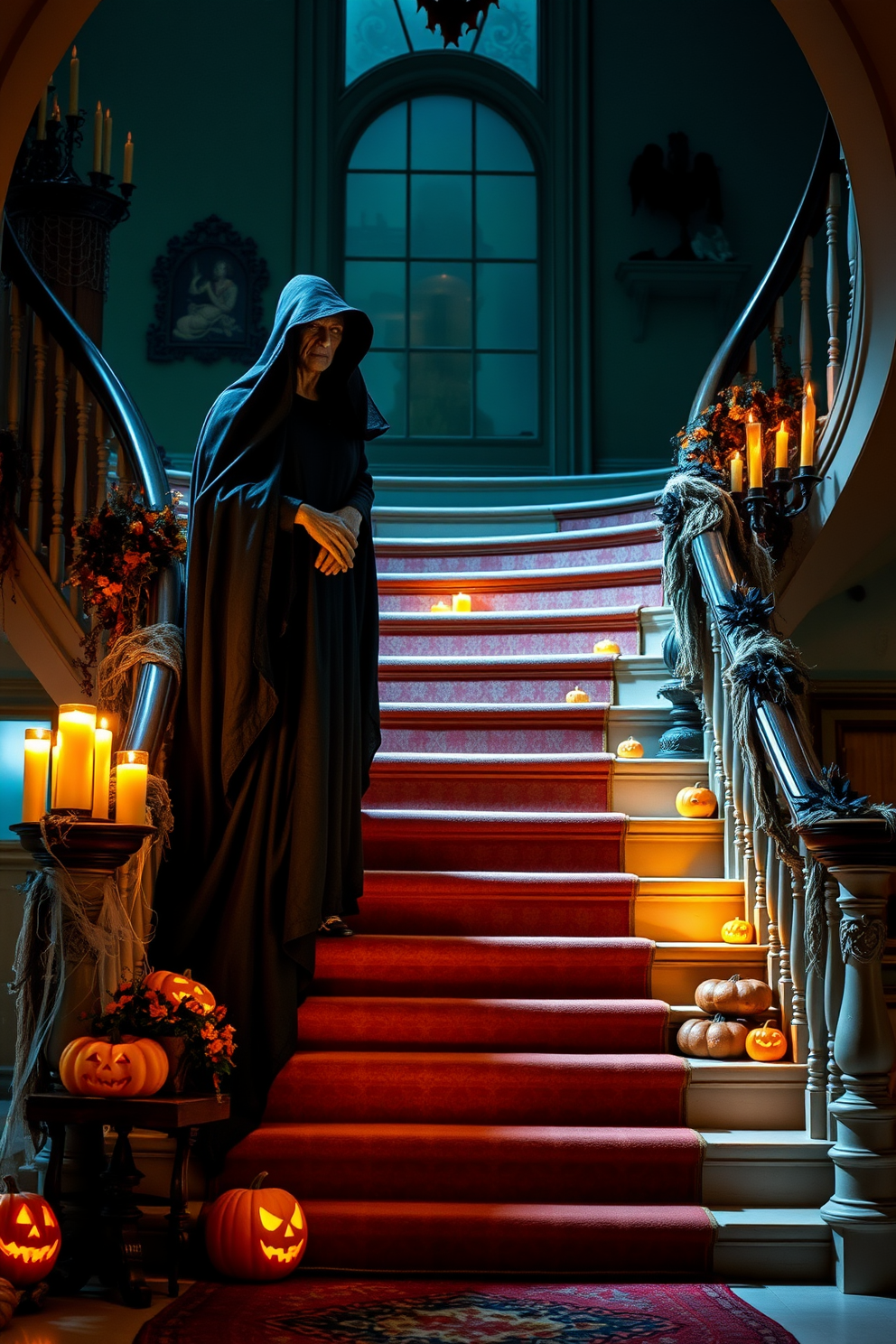 A life-sized witch stands ominously on the landing of a grand staircase, draped in flowing black robes that billow slightly as if caught in a breeze. The staircase is adorned with an array of Halloween decorations, including flickering candles, cobwebs, and carved pumpkins that add an eerie glow to the scene.