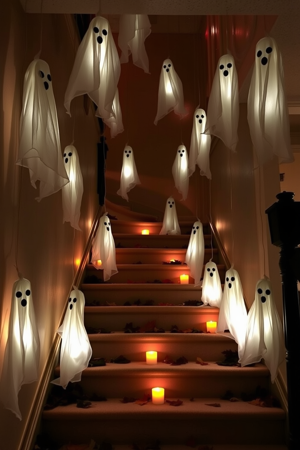 A whimsical staircase adorned with hanging ghost decorations creates a spooky yet inviting atmosphere for Halloween. The ghosts, made of sheer white fabric, float gently from the ceiling, casting playful shadows on the staircase walls. The staircase is lined with flickering LED candles, enhancing the eerie ambiance of the space. Dark autumn leaves are scattered along the steps, complementing the ghostly decor and adding a touch of seasonal charm.