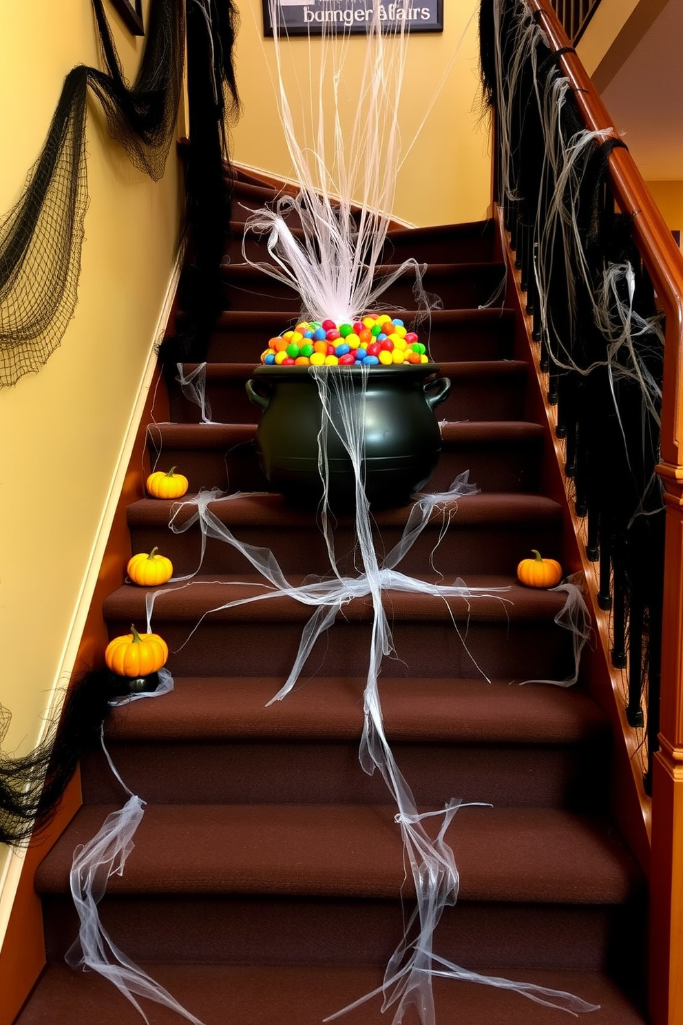 A whimsical Halloween staircase adorned with a decorative cauldron overflowing with colorful candy. The staircase is draped with cobwebs and accented with miniature pumpkins along the steps for a festive touch.