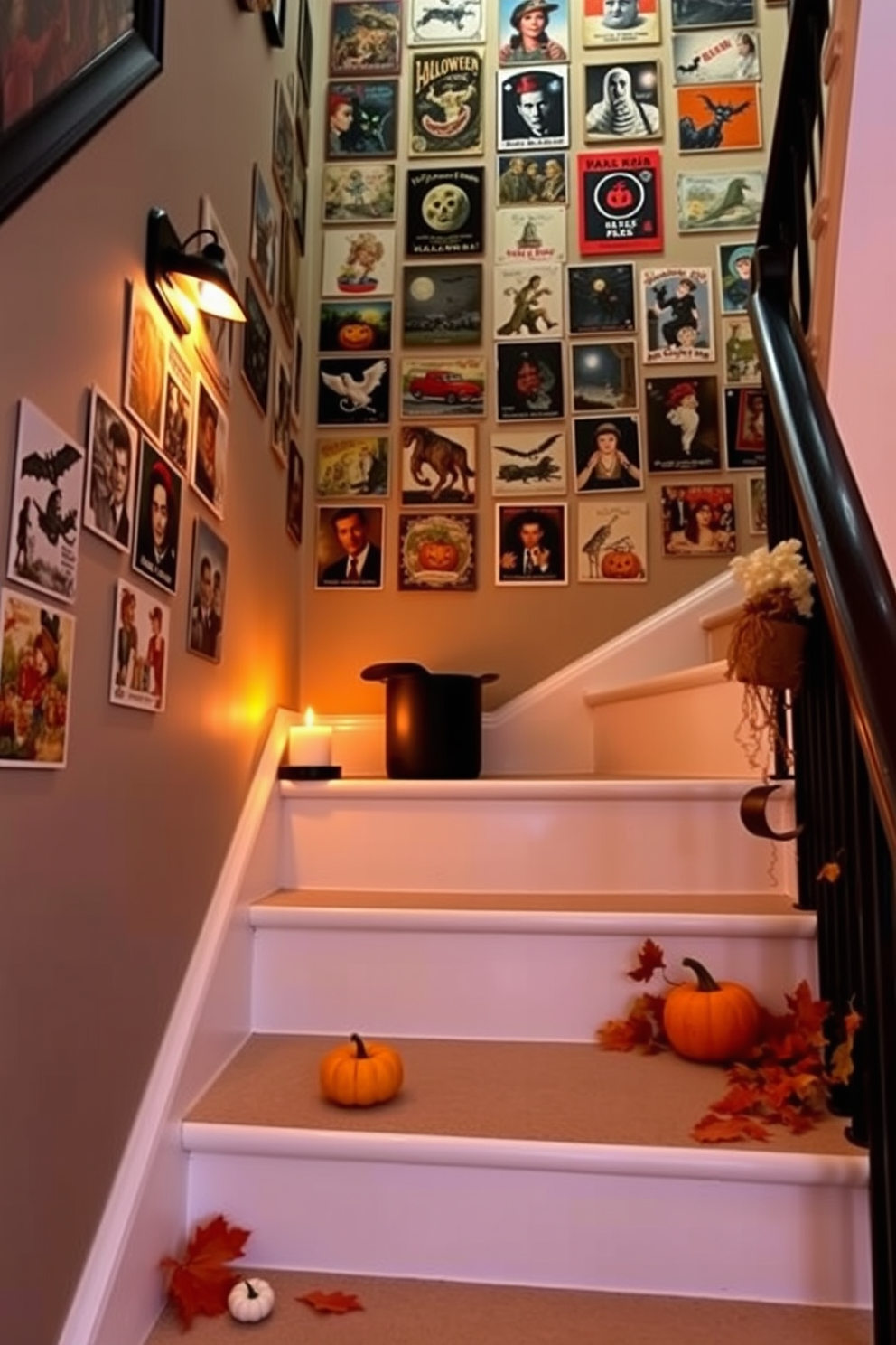 A charming staircase adorned with vintage Halloween postcards. The postcards are artfully arranged on the wall, showcasing classic Halloween imagery and nostalgic designs. Soft, warm lighting highlights the staircase, creating a cozy, inviting atmosphere. Decorative elements like small pumpkins and autumn leaves are placed on the steps to enhance the festive spirit.