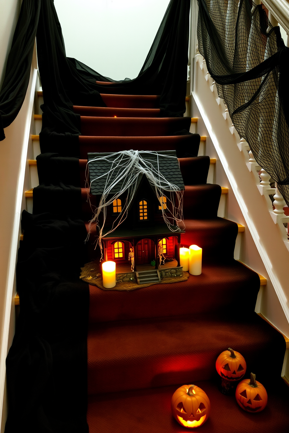 A miniature haunted house sits on the steps, adorned with cobwebs and tiny skeletons. Flickering LED candles illuminate the eerie scene, creating a spooky atmosphere for Halloween. The staircase is draped with dark velvet fabric, enhancing the haunted theme. Pumpkins with carved faces line the steps, adding a festive touch to the haunting decor.