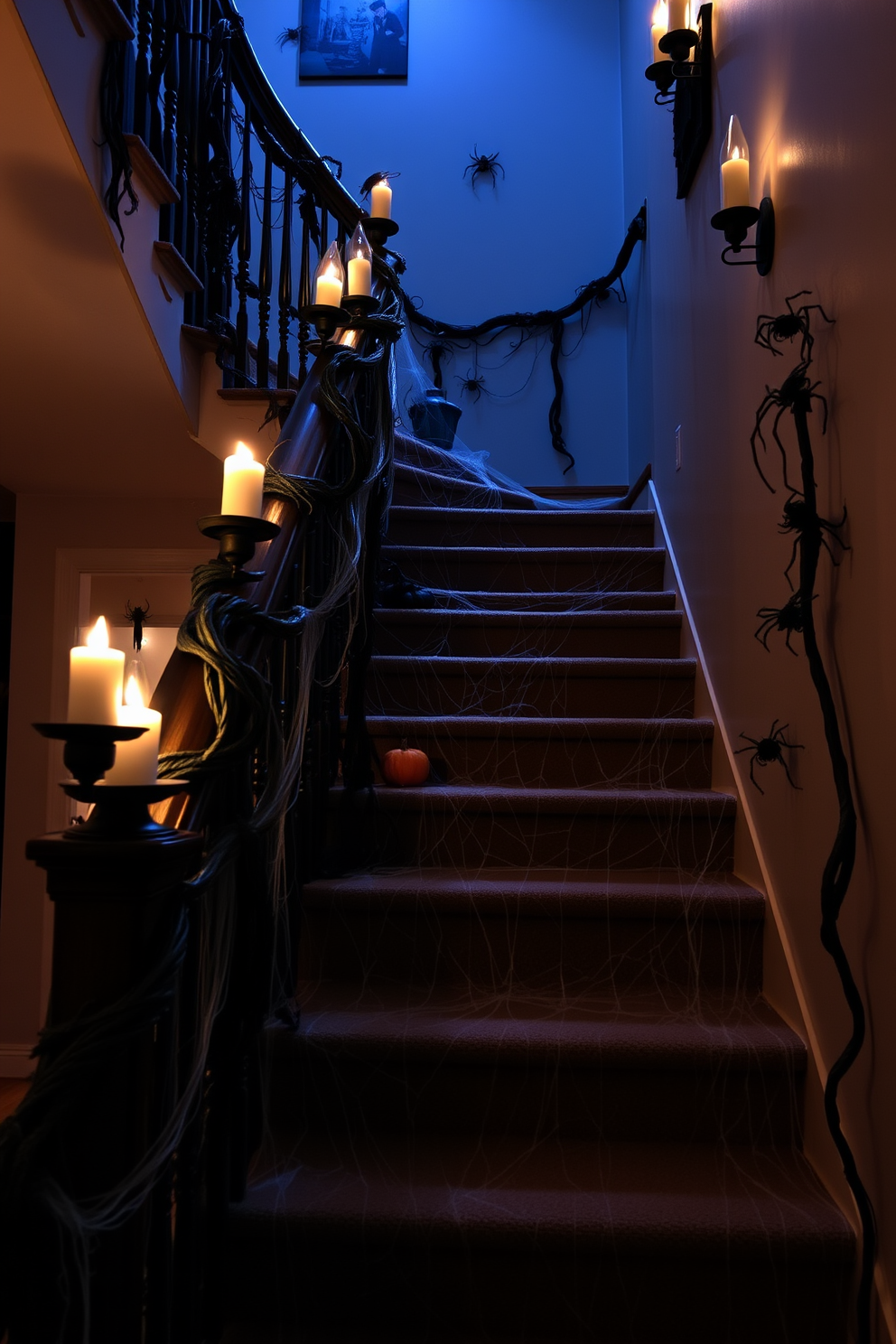 A spooky staircase adorned with creepy crawly insects to enhance the Halloween atmosphere. Dark, twisted vines wrap around the banister, and various realistic-looking spiders and insects are strategically placed to startle guests as they ascend. Flickering candles in eerie holders illuminate the staircase, casting shadows that bring the decorations to life. Cobwebs stretch across the steps, creating a hauntingly beautiful effect that captures the spirit of Halloween.