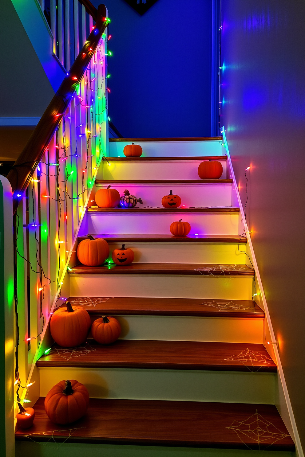 A charming staircase adorned with colorful string lights creates a festive glow for Halloween. The lights are draped elegantly along the banister, illuminating the space with warm hues of orange, purple, and green. Pumpkins of various sizes are strategically placed on each step, adding a playful touch to the decor. Scattered faux cobwebs enhance the spooky atmosphere, inviting guests to enjoy the seasonal transformation.