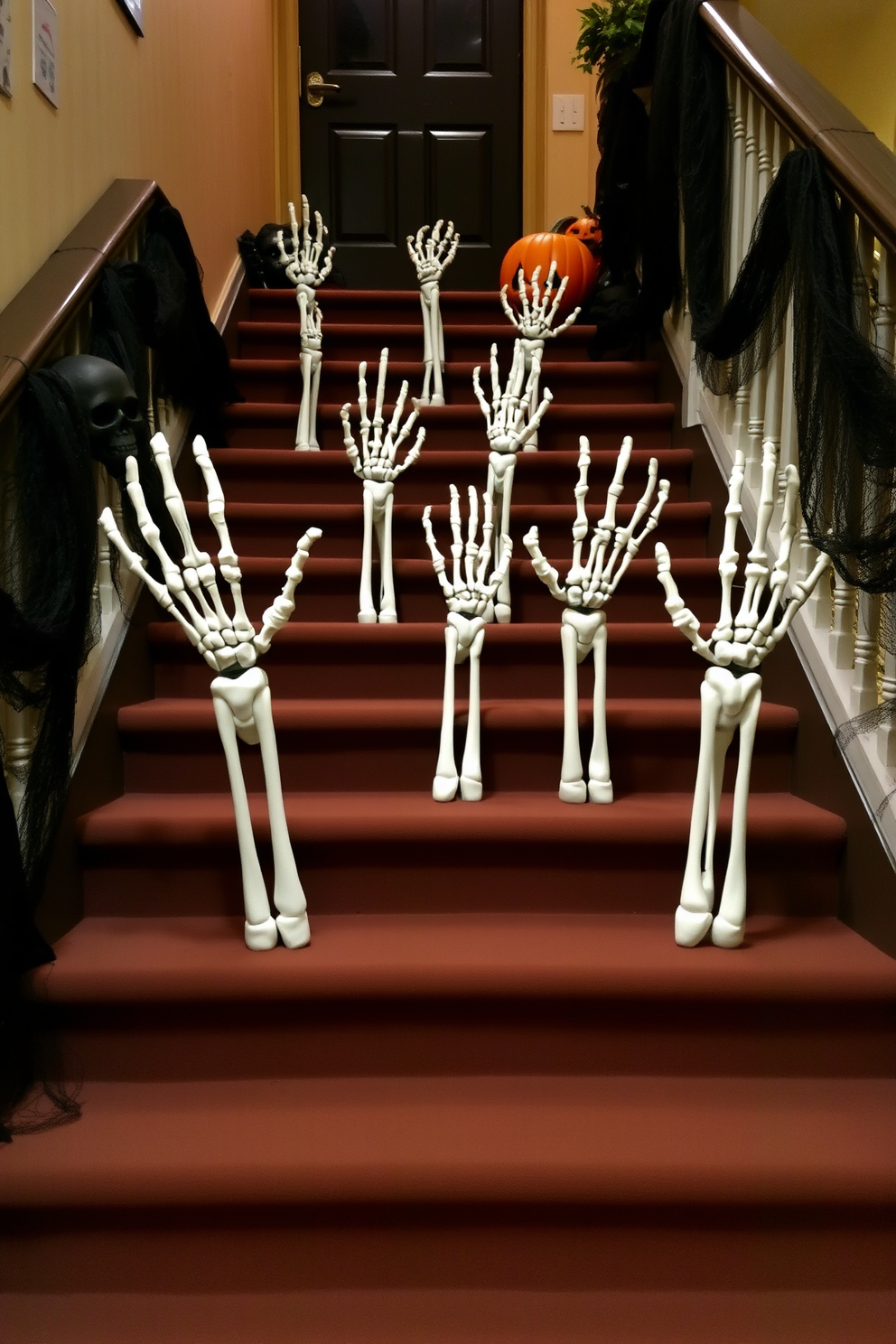 Skeleton hands emerging from the steps create a spooky and engaging Halloween atmosphere. The staircase is adorned with dark, eerie decorations, enhancing the festive spirit of the season.