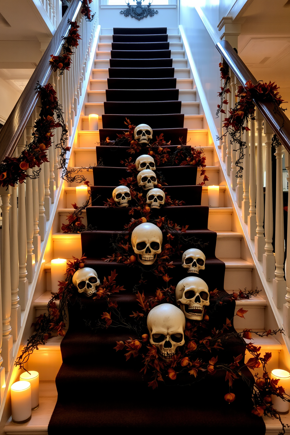 Decorative skulls are arranged on the steps of a grand staircase, creating an eerie yet elegant atmosphere. Soft candlelight flickers around the skulls, enhancing their intricate details and casting playful shadows on the walls. The staircase is adorned with a dark, rich runner that contrasts beautifully with the white banister. Seasonal foliage in deep oranges and blacks is intertwined with the skulls, adding a touch of autumnal charm to the haunting display.