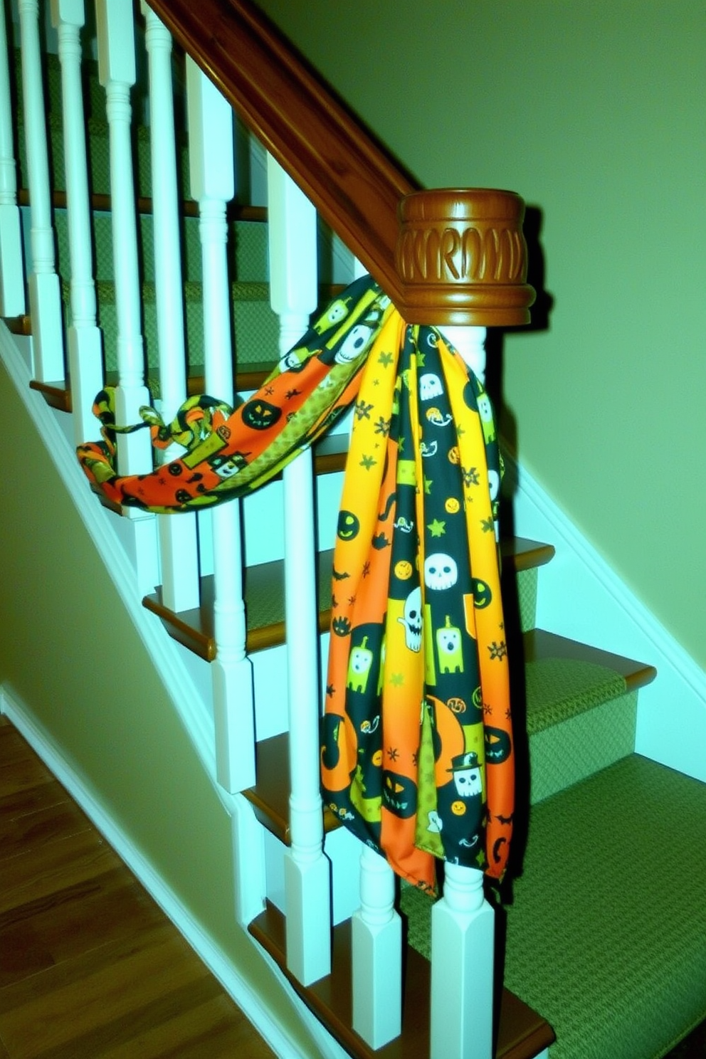 A staircase adorned with Halloween-themed fabric draped elegantly over the railing creates a festive atmosphere. The fabric features vibrant colors and spooky patterns, enhancing the seasonal decor while inviting guests to embrace the Halloween spirit.