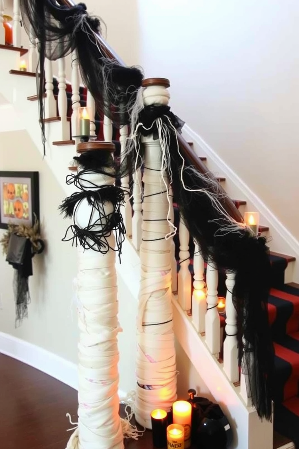 Create a Halloween-themed staircase adorned with mummy-wrapped posts for a spooky atmosphere. The staircase features black and orange decorations, with cobwebs draping from the banister and flickering candle lights illuminating the path.