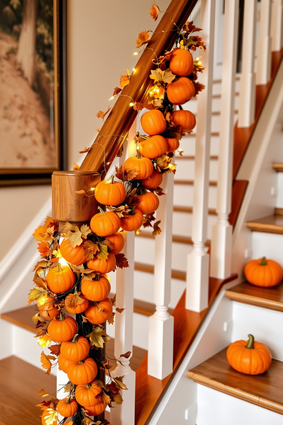 A charming staircase adorned with a pumpkin garland gracefully wrapped around the wooden banister. The vibrant orange pumpkins are interspersed with autumn leaves and twinkling fairy lights, creating a festive and inviting atmosphere.