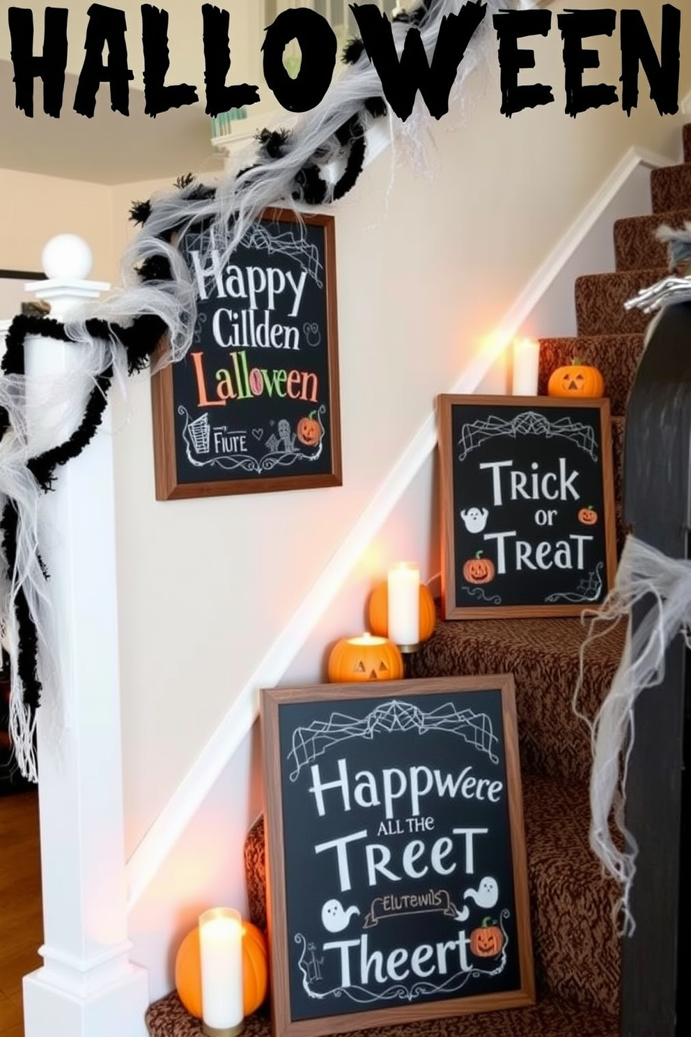 Chalkboard signs with Halloween messages. The signs are creatively designed with spooky fonts and vibrant colors, featuring phrases like 