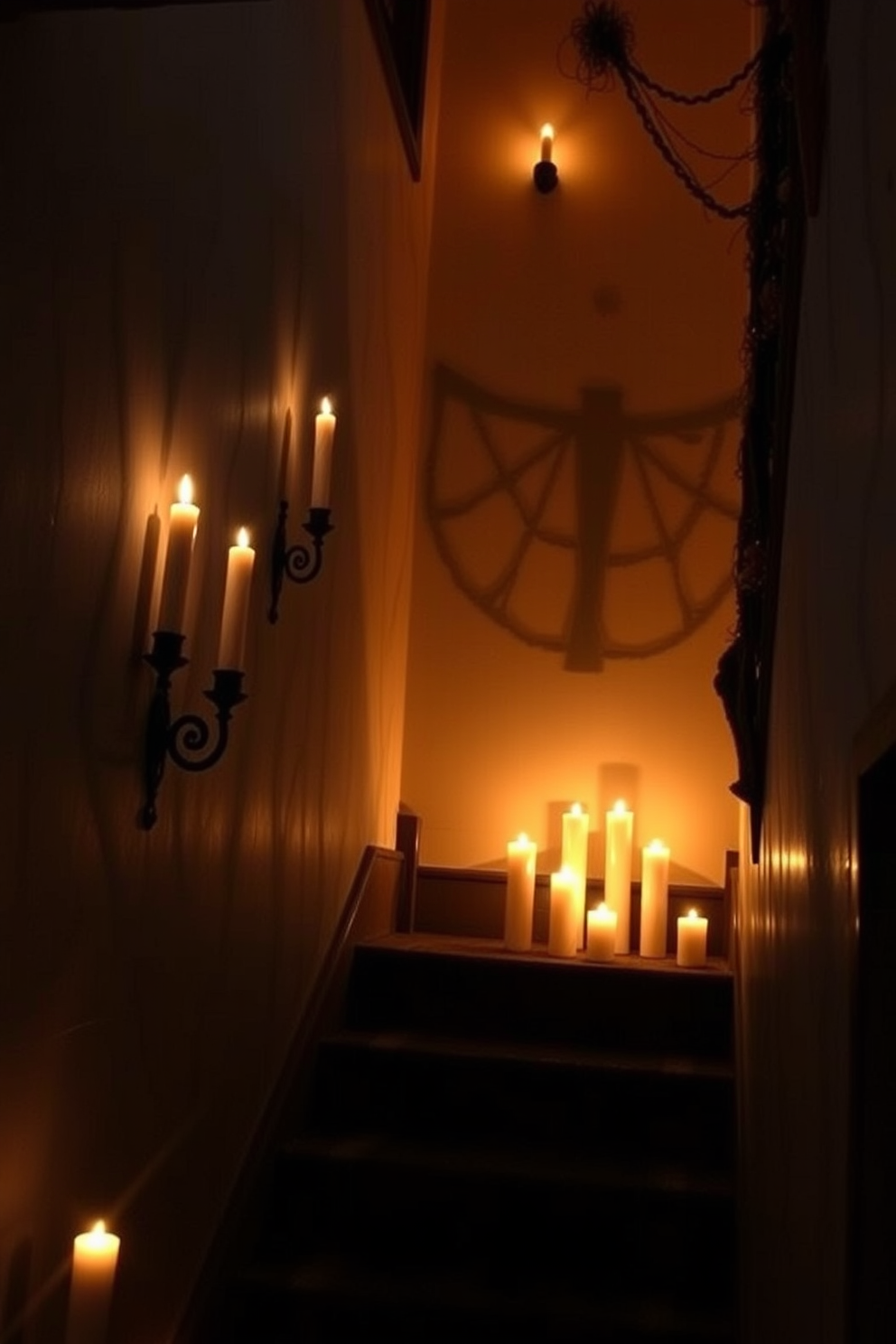 Creepy candlelight illuminates a dimly lit staircase adorned with faux candles of varying heights. Shadows dance along the walls, creating an eerie atmosphere enhanced by cobwebs and subtle hints of orange and black decorations.