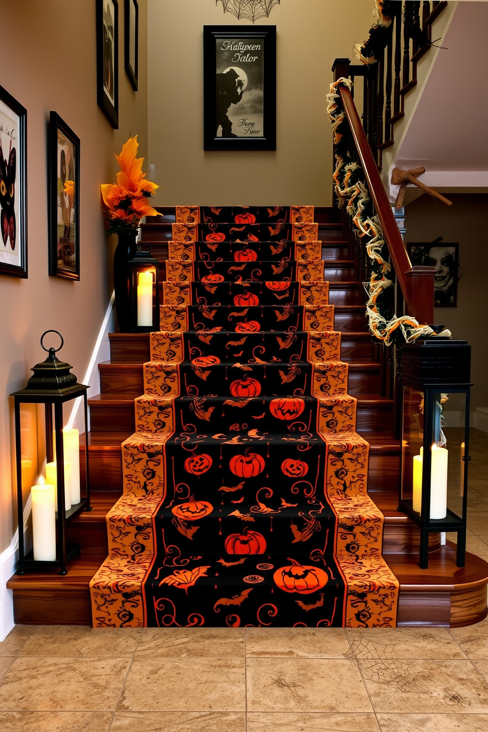 A striking staircase adorned with a black and orange themed runner that captures the essence of Halloween. The runner features intricate patterns of bats and pumpkins, seamlessly blending with the dark wood of the staircase. Flanking the staircase are decorative lanterns filled with glowing candles, casting a warm light. On the walls, spooky artwork and garlands of faux spider webs add to the festive atmosphere.