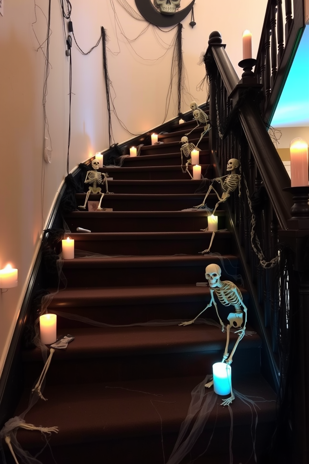 A spooky Halloween staircase adorned with skeletons climbing up the steps. The staircase is decorated with cobwebs and flickering LED candles, creating an eerie atmosphere.