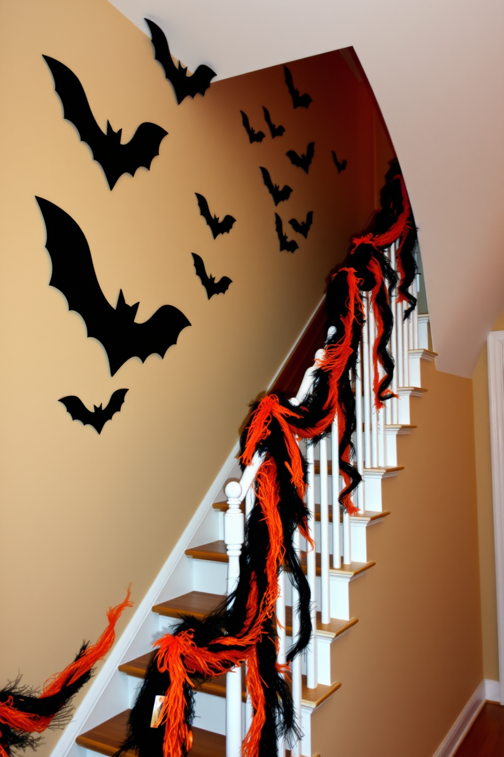 Bat silhouettes attached to the walls create a spooky ambiance for Halloween. The staircase is adorned with cascading black and orange decorations, enhancing the festive atmosphere.