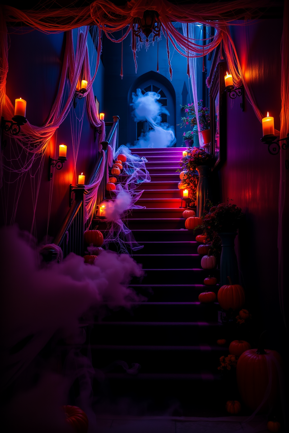 A hauntingly beautiful staircase adorned with cobwebs and flickering candlelight. At the base, a mysterious fog machine releases wisps of fog that curl around the steps, creating an eerie atmosphere. Dark, rich colors dominate the walls, while orange and purple lights cast an enchanting glow. Pumpkins and spooky decorations line the staircase, inviting guests to ascend into the Halloween spirit.