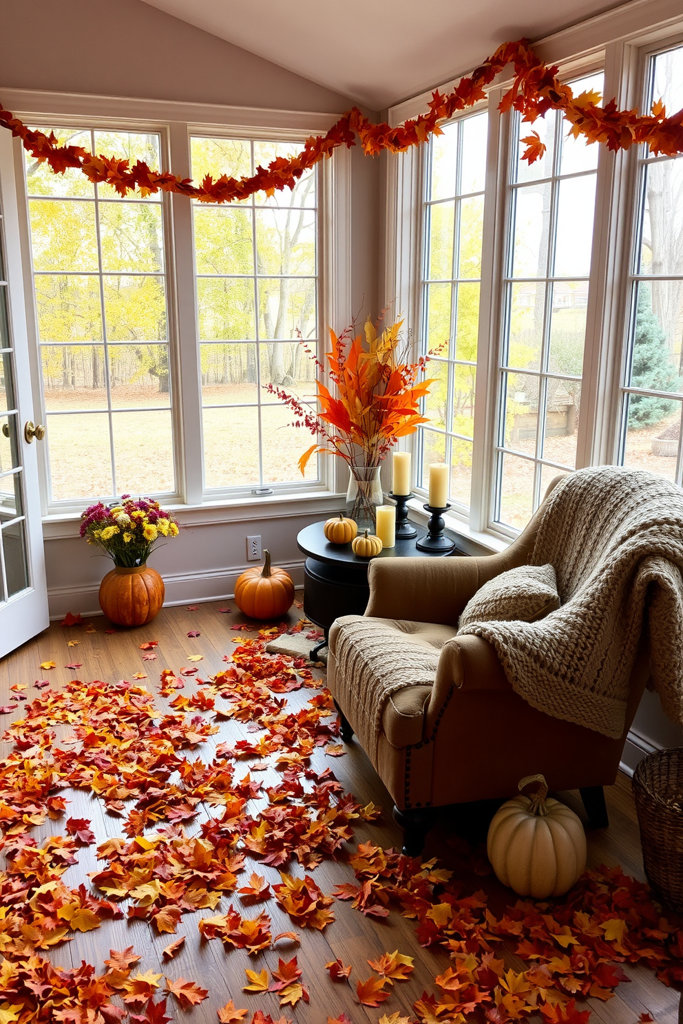 A cozy sunroom adorned with autumn leaves scattered across the wooden floor. The large windows allow natural light to flood the space, highlighting the warm tones of orange and yellow in the decor. In one corner, a plush armchair is draped with a knitted blanket, inviting relaxation. Decorative pumpkins and candles are artfully arranged on a small table, enhancing the Halloween theme.