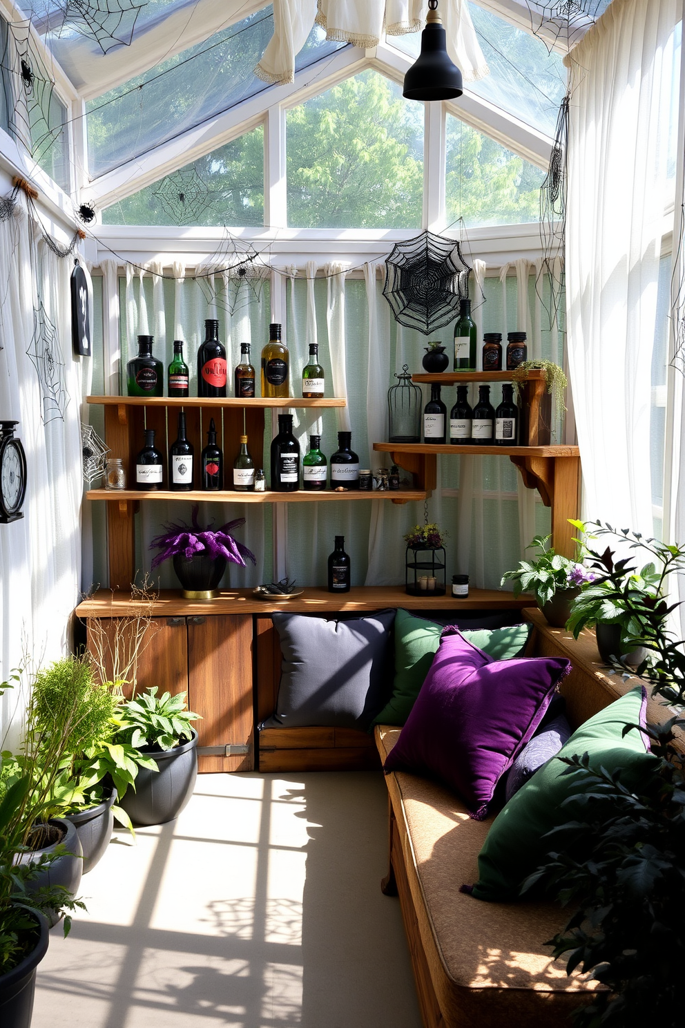 A whimsical sunroom filled with mysterious potion bottles displayed on rustic wooden shelves. The walls are adorned with spiderweb decorations and the sunlight filters through sheer curtains, casting enchanting shadows across the space. A cozy seating area features plush cushions in deep purples and greens, inviting guests to relax and enjoy the eerie ambiance. Potted plants with dark foliage surround the room, enhancing the magical Halloween atmosphere.