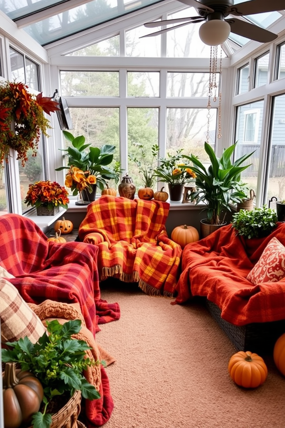 A cozy sunroom filled with soft flannel blankets in rich autumn colors. The space features large windows that let in natural light, surrounded by potted plants and seasonal decorations for Halloween.