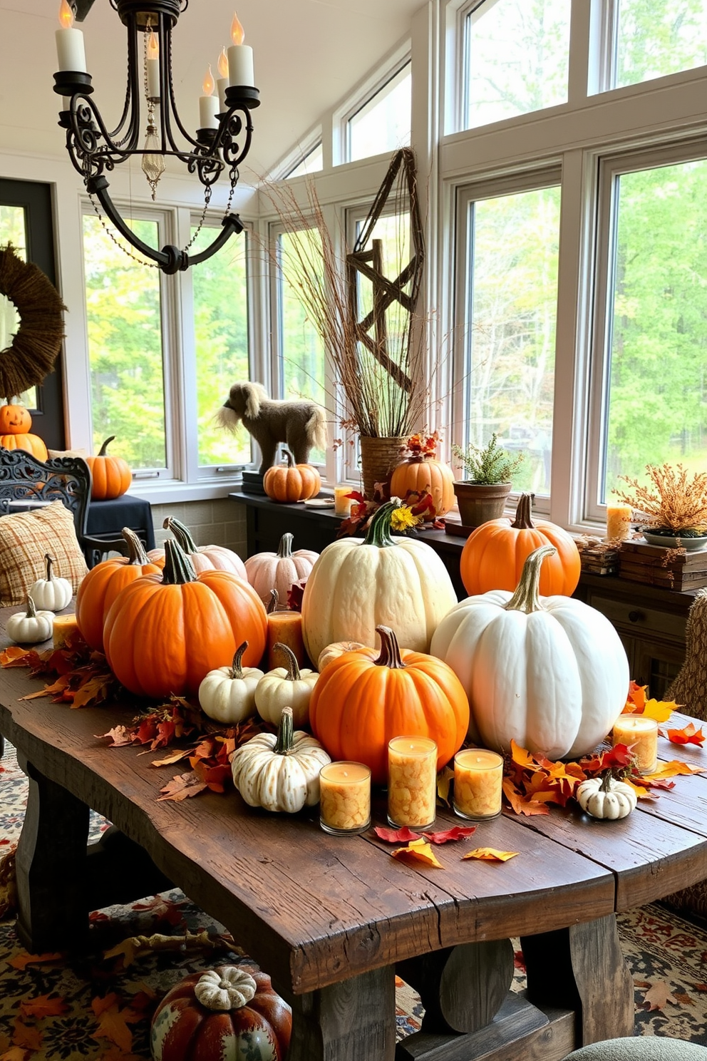 A cozy sunroom adorned with decorative pumpkins in various sizes creates a festive Halloween atmosphere. The pumpkins are arranged on a rustic wooden table, surrounded by autumn leaves and candles for a warm glow.