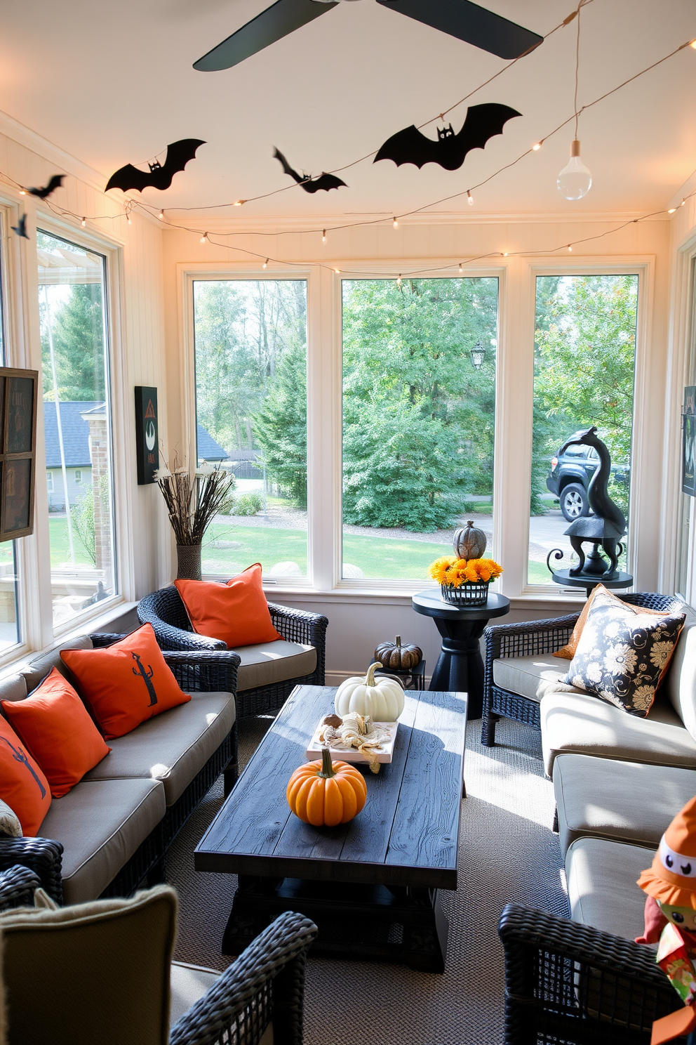 A cozy sunroom adorned with Halloween-themed artwork on the walls creates a festive atmosphere. The space features comfortable seating with orange and black cushions, and a rustic wooden coffee table decorated with seasonal pumpkins. Large windows allow natural light to flood the room, highlighting the playful decorations. String lights in the shape of bats and ghosts add a whimsical touch to the overall design.