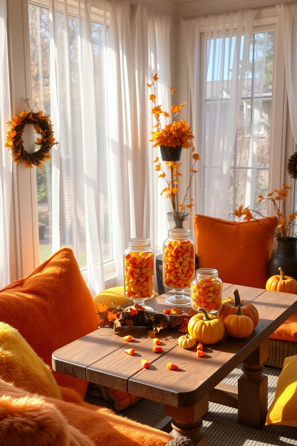 A cozy sunroom filled with natural light and decorated for Halloween. Glass jars filled with colorful candy corn are placed on a rustic wooden table, surrounded by autumn leaves and small pumpkins. Soft, plush seating in warm orange and yellow hues invites relaxation. The windows are adorned with sheer white curtains, allowing the fall sunlight to filter through, creating a cheerful atmosphere.