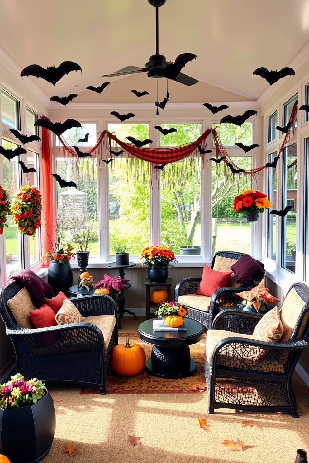 A sunroom decorated for Halloween features hanging bats from the window frames creating a spooky atmosphere. The space is filled with vibrant autumn colors, with cozy seating arrangements and festive decorations that invite warmth and charm.