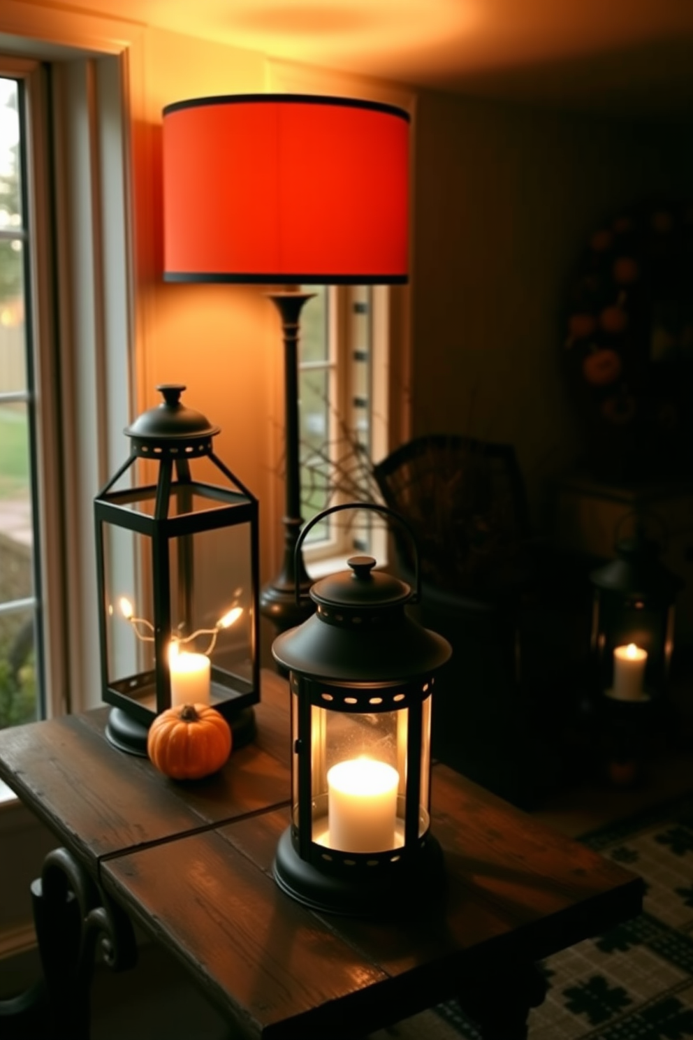 Spooky lanterns flicker on rustic side tables, casting eerie shadows across the sunroom. The warm glow of orange and black lanterns complements the autumnal decor, creating a festive Halloween atmosphere.