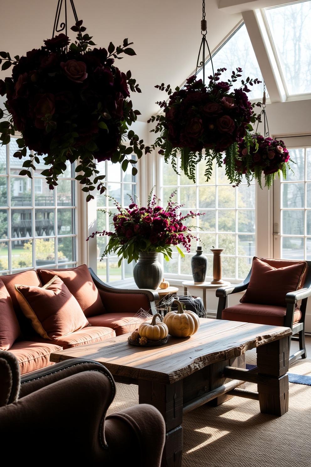 A cozy sunroom adorned with elegant floral arrangements featuring dark blooms. The rich colors of the flowers contrast beautifully with the soft, natural light streaming through large windows. Plush seating in deep tones invites relaxation, while a rustic wooden coffee table displays seasonal decor. Subtle Halloween accents like miniature pumpkins and spiderwebs add a festive touch to the inviting atmosphere.