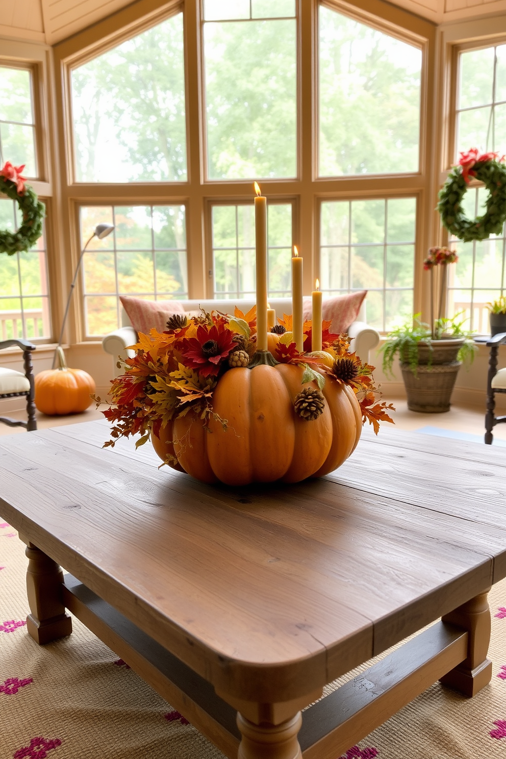 A cozy sunroom filled with natural light features a rustic wooden coffee table at the center. On the table, a vibrant pumpkin centerpiece is adorned with autumn foliage and candles, creating a festive Halloween atmosphere.