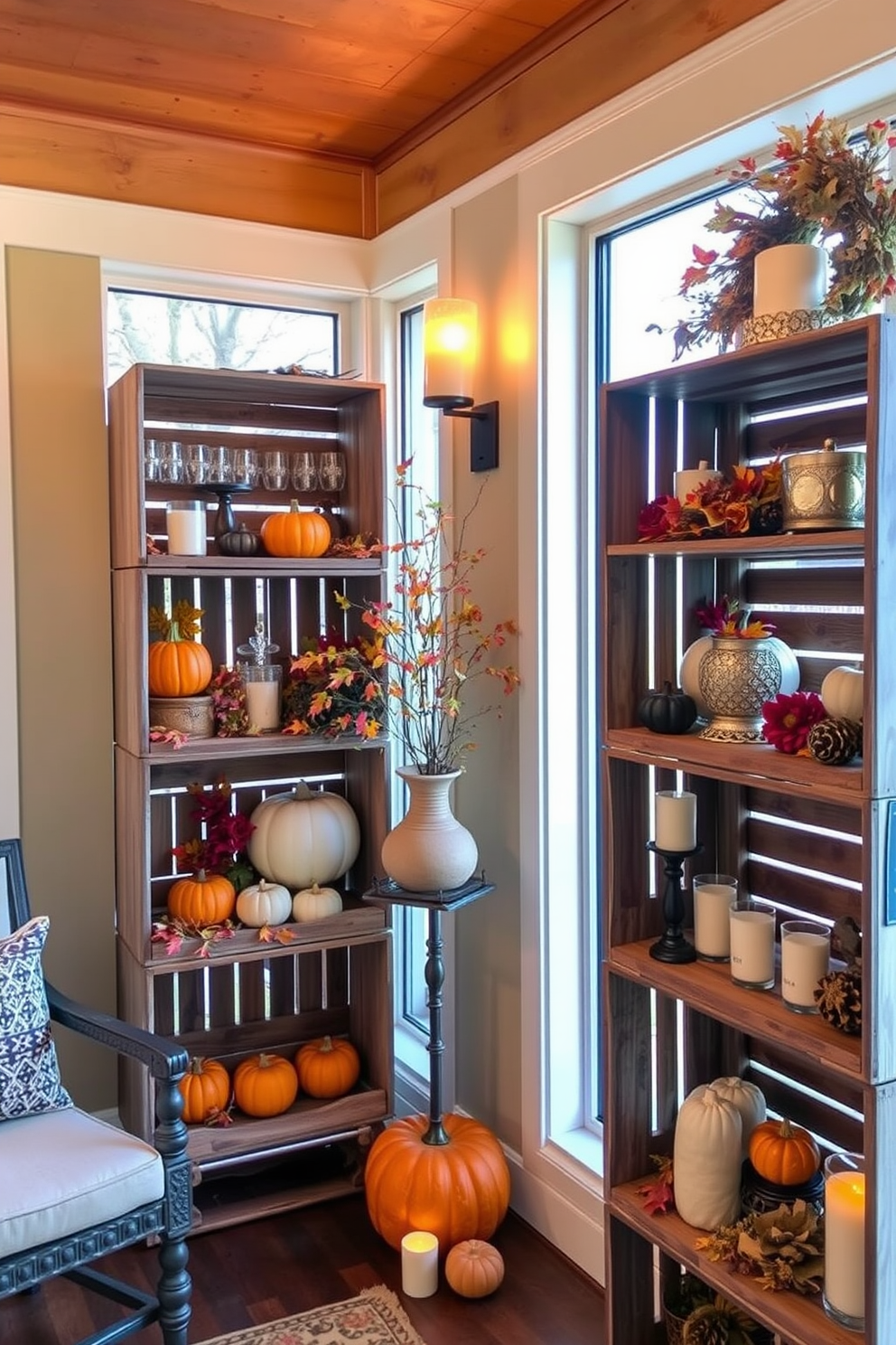 Create a cozy sunroom filled with rustic wooden crates used as display shelves. Each crate is filled with seasonal decorations like pumpkins, autumn leaves, and candles to enhance the Halloween theme.