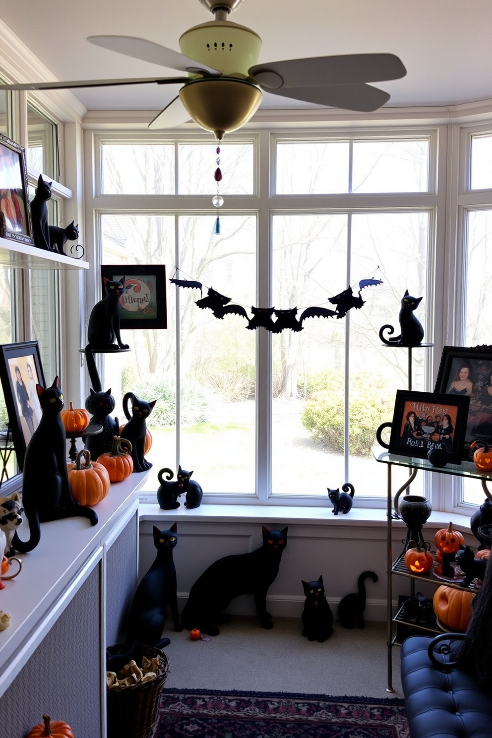 Charming black cat decorations are playfully arranged throughout the sunroom, creating a festive atmosphere for Halloween. The sunroom is filled with natural light, highlighting the whimsical cat figurines and playful artwork that adorn the shelves and windowsills.