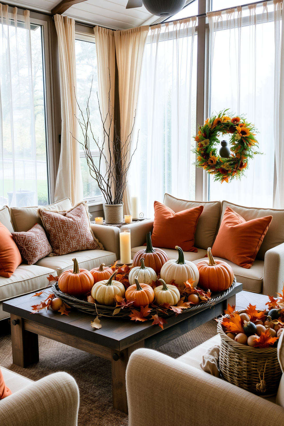 A cozy sunroom adorned with seasonal candles and diffusers that fill the air with autumn scents. The space features plush seating with warm-toned throw pillows and a rustic wooden coffee table surrounded by vibrant fall decorations. Pumpkins and gourds in various sizes are artfully arranged on the table, complemented by a woven basket filled with dried leaves. Soft, sheer curtains allow natural light to filter in, enhancing the inviting atmosphere of the Halloween-themed sunroom.