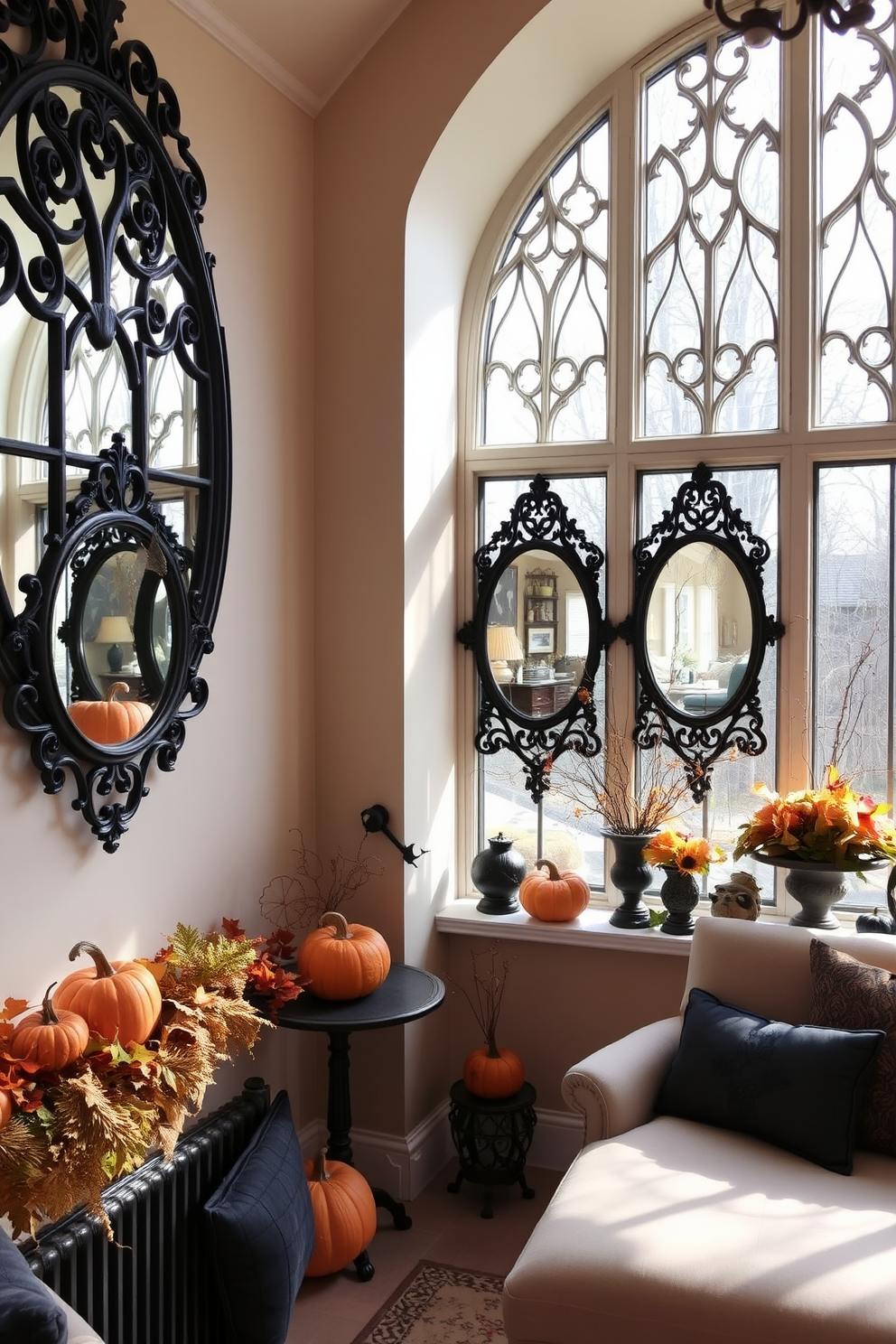 A sunroom adorned with Gothic mirrors that reflect the natural light and enhance the overall ambiance. The mirrors feature intricate designs and dark frames, creating a striking contrast against the soft, warm colors of the decor. Surrounding the mirrors, seasonal decorations for Halloween are tastefully arranged. Pumpkins and autumn foliage are placed on the windowsills, while cozy seating invites relaxation in this enchanting space.