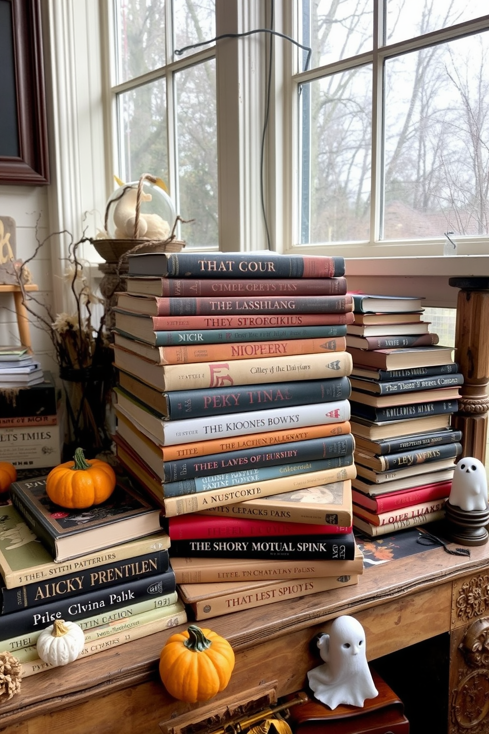 A cozy sunroom filled with vintage books stacked haphazardly on a rustic wooden shelf. The books feature spooky titles and are surrounded by autumn-themed decorations like miniature pumpkins and ghostly ornaments.