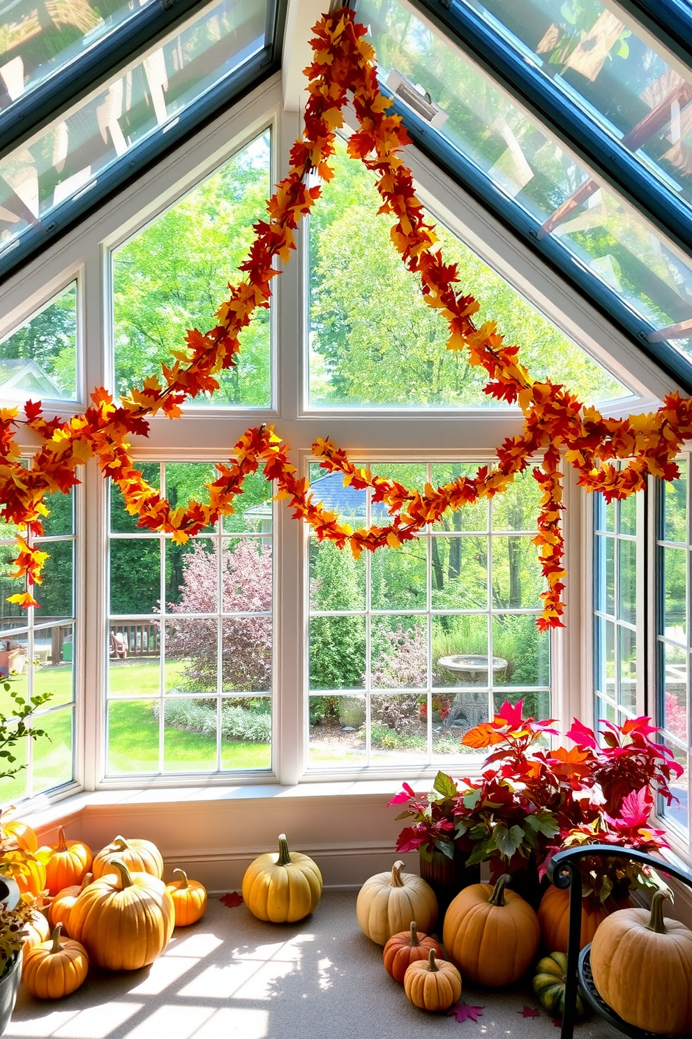 A sunroom filled with natural light showcases colorful fall garlands draped elegantly above the windows. The space is adorned with pumpkins of various sizes and vibrant autumn leaves, creating a festive and cozy atmosphere.