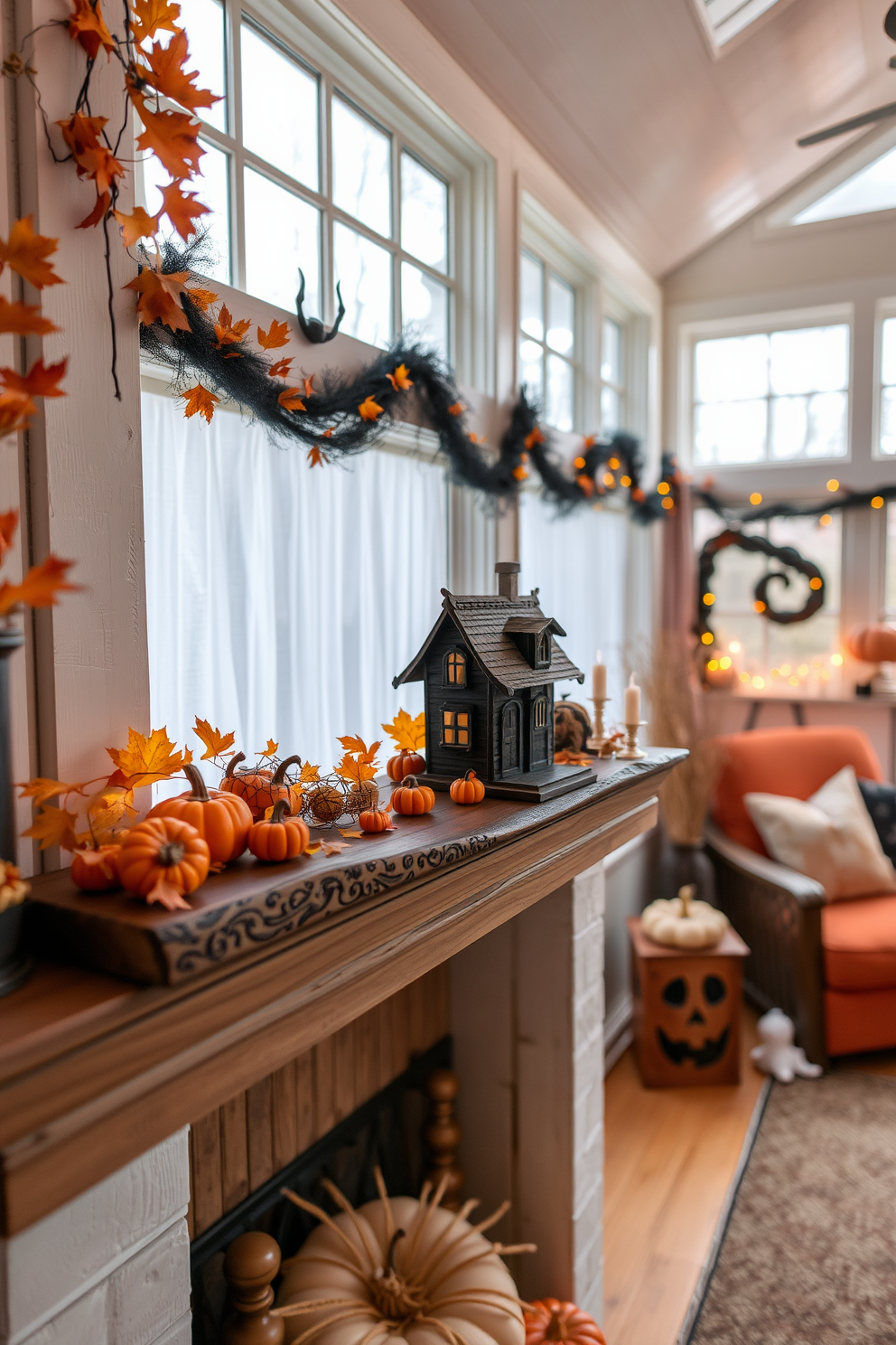 A charming miniature haunted house sits on a rustic wooden shelf adorned with autumn leaves and tiny pumpkins. The sunroom is filled with warm, inviting colors, featuring cozy seating surrounded by playful Halloween decorations like ghostly garlands and flickering candlelight.