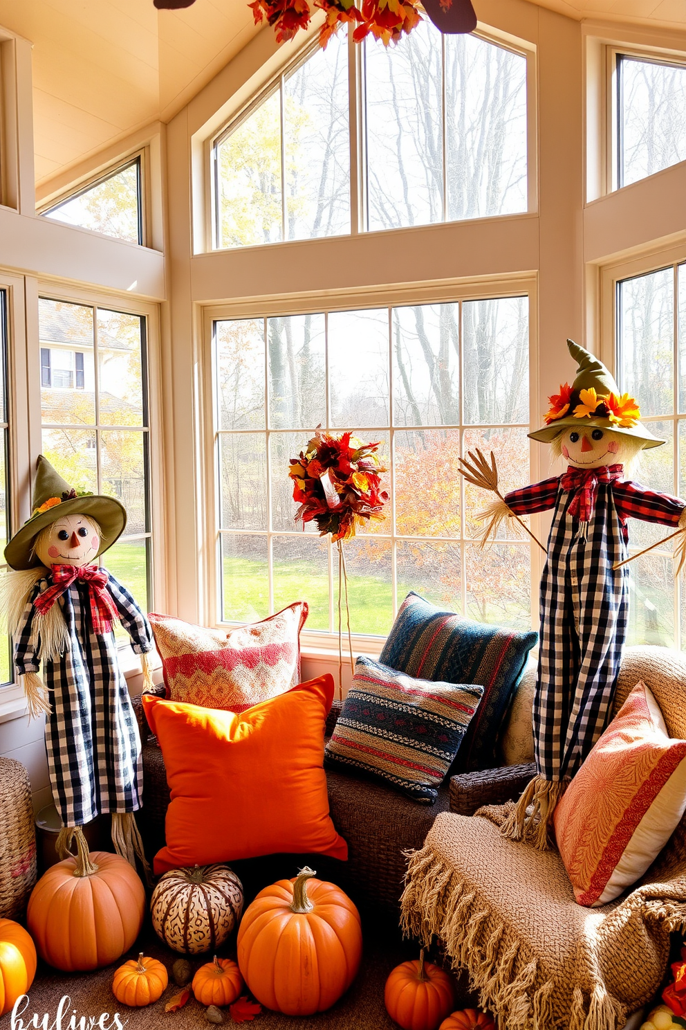 Charming scarecrows are placed in a sunroom adorned with autumn decorations. The sunroom features large windows allowing natural light to illuminate the space, creating a warm and inviting atmosphere. Colorful throw pillows and blankets in seasonal hues are arranged on a cozy seating area. Pumpkins and gourds are scattered around, enhancing the festive touch of Halloween.