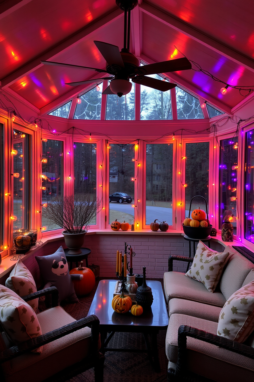 A cozy sunroom adorned for Halloween features soft mood lighting created by orange and purple bulbs casting a warm glow throughout the space. The walls are decorated with whimsical spiderwebs and playful pumpkins, while comfortable seating is arranged around a small table topped with seasonal decorations.