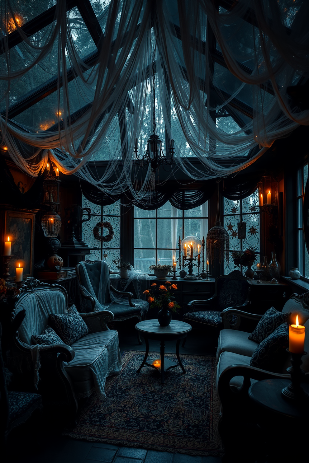 A spooky sunroom filled with eerie ambiance. Creepy cobwebs drape over vintage furniture, creating a haunting atmosphere perfect for Halloween. The walls are adorned with dark, moody decorations that enhance the unsettling vibe. Flickering candlelight casts shadows, adding to the mysterious charm of the space.