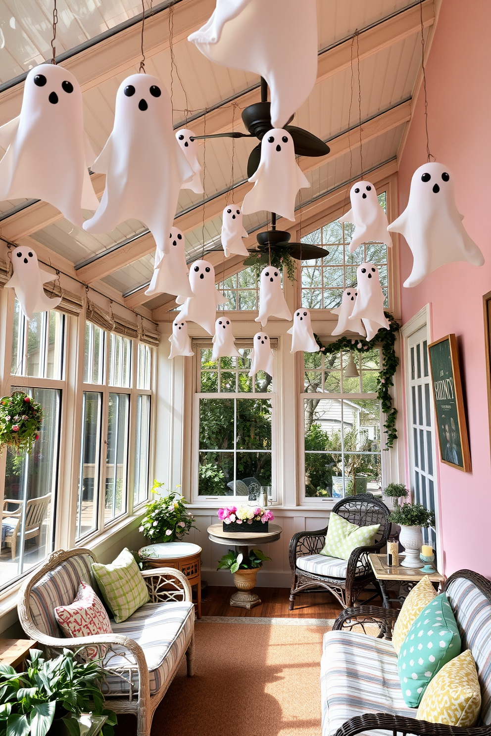 A whimsical sunroom filled with playful ghost decorations hanging from the ceiling. Soft pastel colors adorn the walls, while cozy seating areas invite relaxation amidst the festive decor.