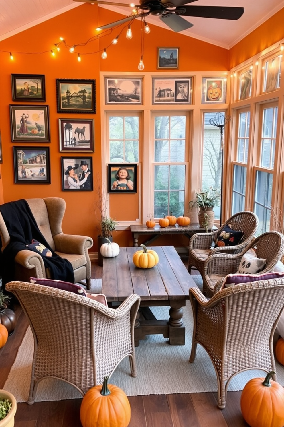 A cozy sunroom adorned with vintage Halloween postcards in various frames. The walls are painted a warm orange, and a plush, oversized armchair sits in the corner, draped with a soft black throw. A rustic wooden table is centered in the room, surrounded by wicker chairs, each featuring seasonal cushions. String lights hang from the ceiling, casting a soft glow over the space, while pumpkins of different sizes are artfully arranged around the windows.