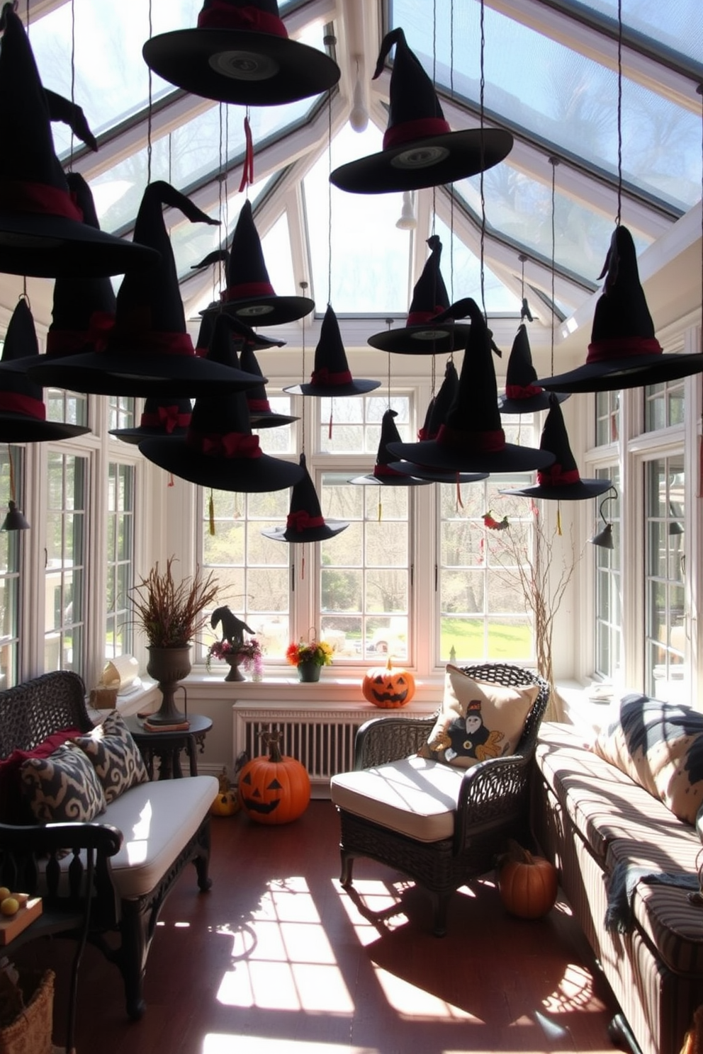 A whimsical sunroom adorned for Halloween features an array of witch hats suspended gracefully from the ceiling. The sunlight filters through the windows, casting playful shadows on the floor, enhancing the festive atmosphere.