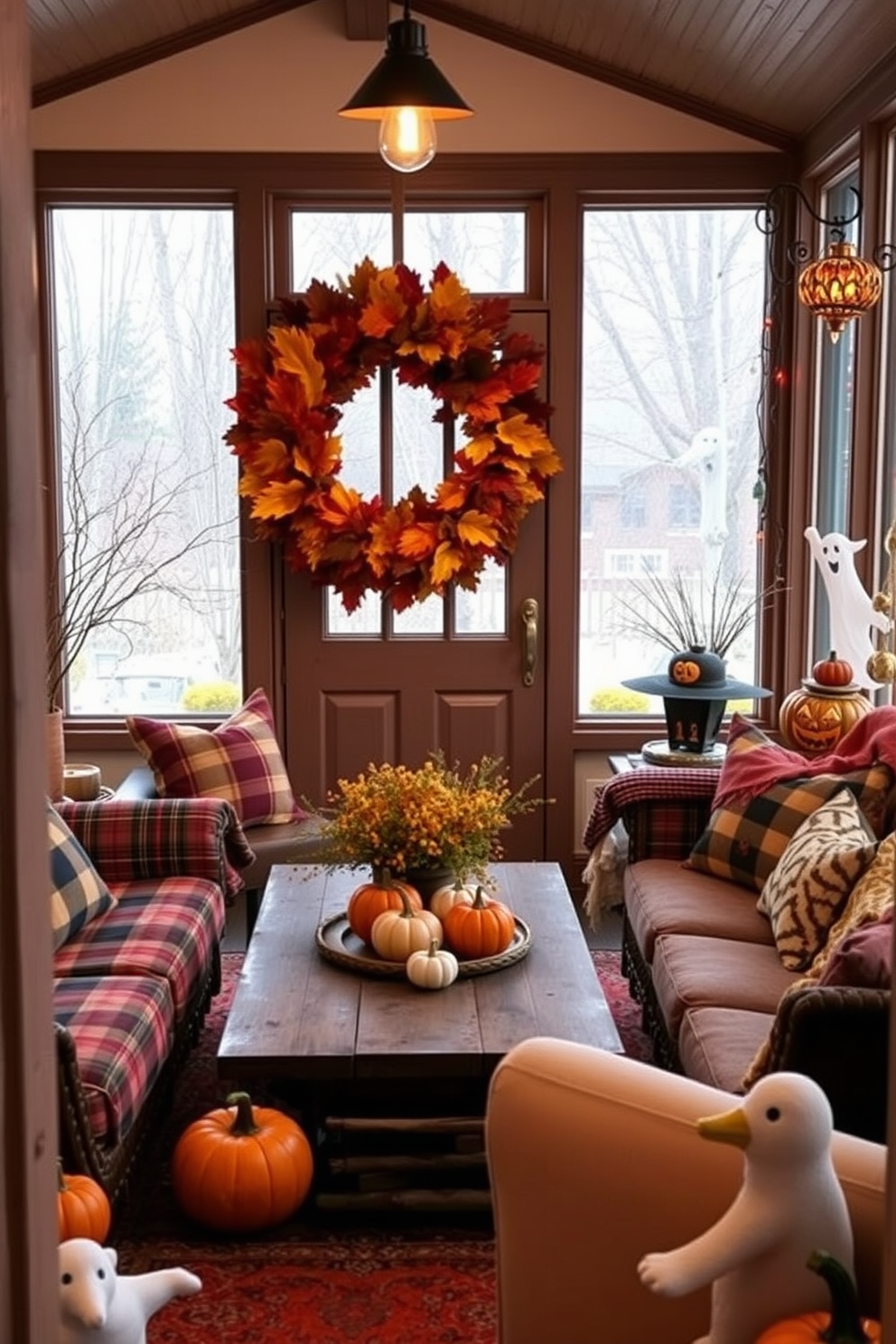 A harvest-themed wreath made of colorful autumn leaves and miniature pumpkins adorns the front door, welcoming guests with a seasonal touch. In the sunroom, cozy seating is arranged around a rustic wooden coffee table, complemented by plaid throw pillows and warm-toned blankets for a festive atmosphere. Halloween decorations fill the sunroom with playful spirits, featuring whimsical ghosts and carved pumpkins scattered throughout. Soft, ambient lighting creates an inviting glow, enhancing the charm of the holiday theme while maintaining a cozy, stylish space.