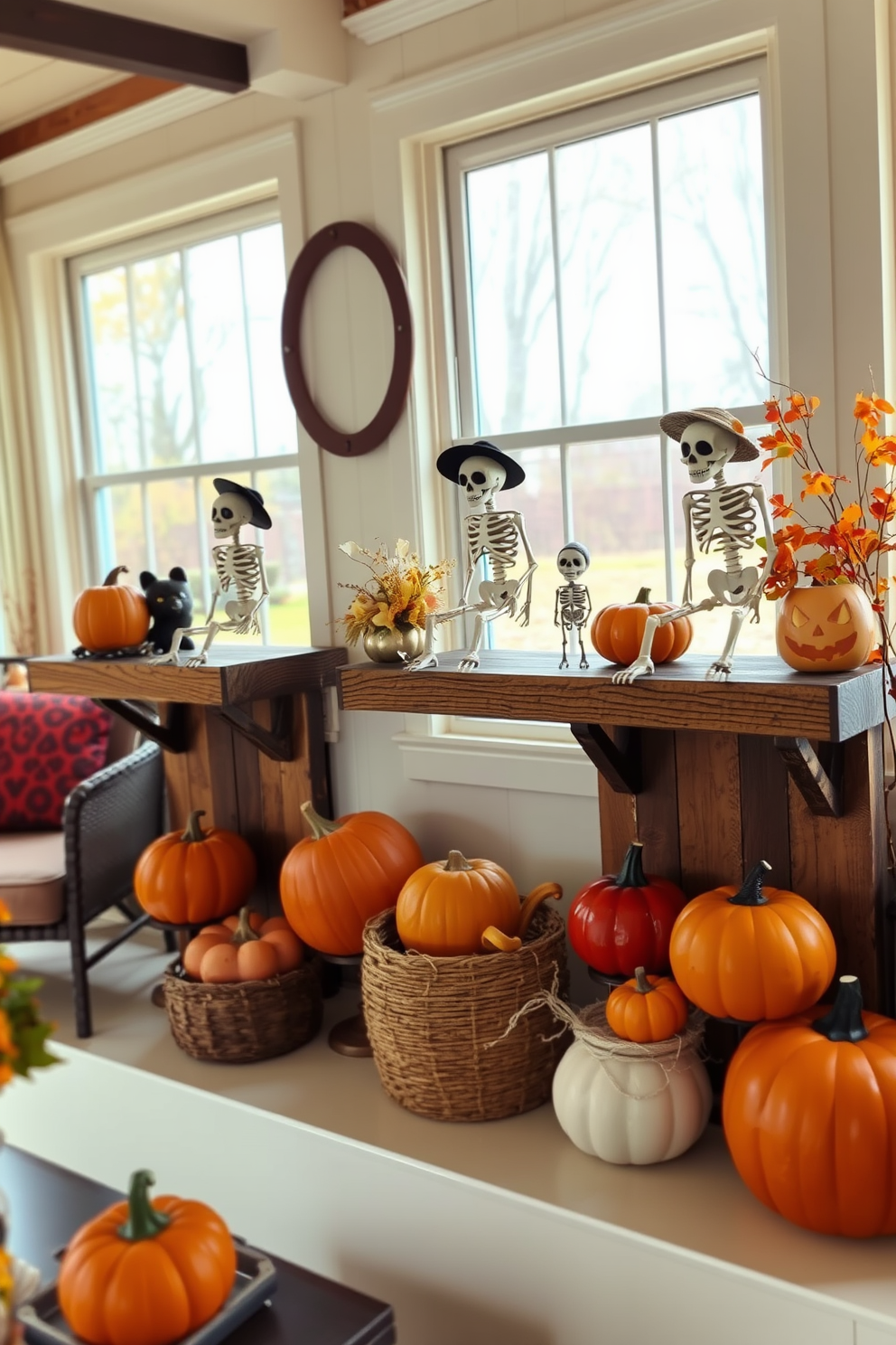 Charming skeleton figurines are artfully arranged on rustic wooden shelves, adding a playful yet spooky touch to the decor. The sunroom is filled with warm autumn colors, featuring cozy seating and soft lighting to create an inviting atmosphere.