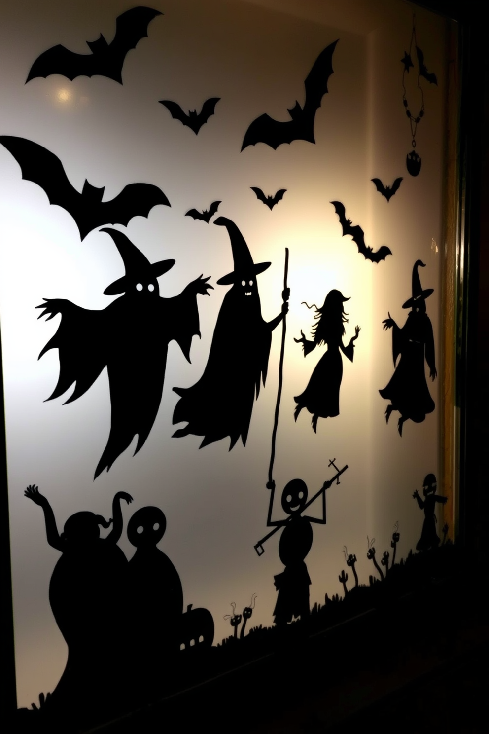 Create a haunting Halloween window display featuring spooky silhouettes set against frosted glass. The silhouettes should include a range of eerie figures such as ghosts, bats, and witches, casting shadows that enhance the festive atmosphere.