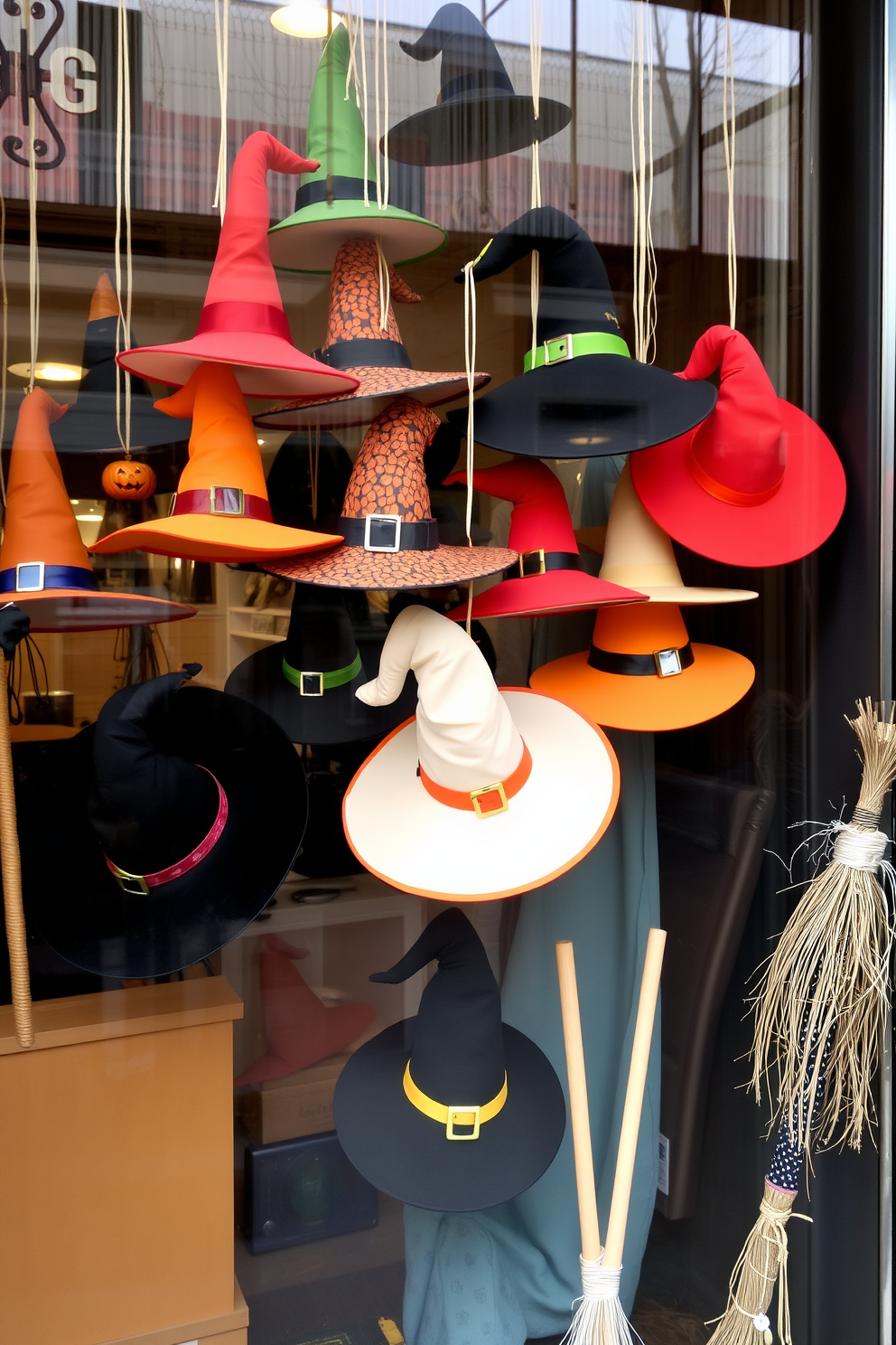 A whimsical Halloween window display featuring an array of hanging witch hats in various sizes and colors. Broomsticks are artistically arranged alongside the hats, creating a festive and enchanting atmosphere.