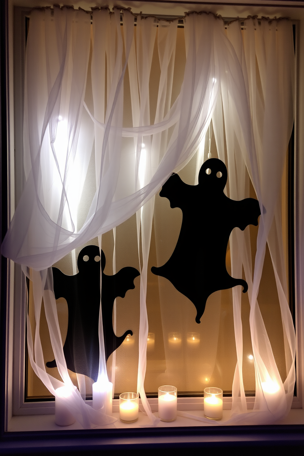 A whimsical Halloween window display features gauzy white fabric cascading down from the top of the window frame creating an ethereal ghostly effect. The fabric flutters gently in the breeze, adding a sense of movement and intrigue to the overall decoration. Silhouettes of playful ghosts are cut from black paper and strategically placed behind the gauzy layers to enhance the spooky ambiance. Soft, flickering LED candles are placed on the window sill to illuminate the scene, casting enchanting shadows.